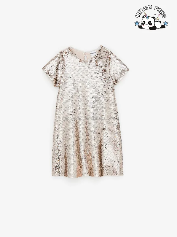 LEZONKIDS - Vestido de Camiseta com Lantejoulas Reversíveis Dourado-Rosa Roupas de Crianças Vestidos para Meninas